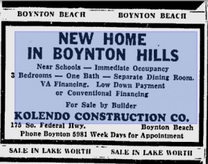 Advertisement for Kolendo Construction Company from 1955 Palm Beach Post.