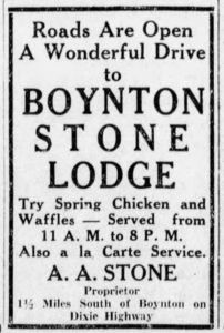 Ad for Boynton Stone Lodge (16 Apr. 1927, The Palm Beach Post).