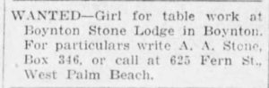 Help Wanted at Boynton Stone Lodge ad (20 Jun 1925, The Palm Beach Post).