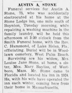 Death notice for Austin A. Stone, electrocuted at home repairing a washing machine (11 Feb. 1932, The Palm Beach Post).