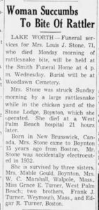 Death notice for Louise J. Turner Stone fatally bit by a rattlesnake (14 Nov. 1939, The Palm Beach Post).