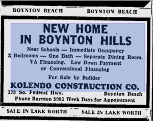 Advertisement for Kolendo Construction Company from 1955 Palm Beach Post.